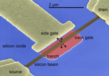 This image from a scanning electron microscope shows a tiny mechanical device, an electrostatically actuated nanoresonator, that might ease congestion over the airwaves to improve the performance of cell phones and other portable devices. (Purdue University image)