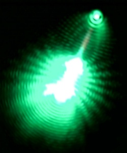 Laser light is emitted from the end of a cadmium sulfide nanowire. 