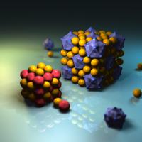 Two different protein cages, cowpea chlorotic mottle virus (blue) and Pyrococcus furiosus ferritin (red), can be used to guide the assembly of binary nanoparticles superlattices through tunable electrostatic interactions with charged gold nanoparticles (yellow).

Credit: Johanna Juselius