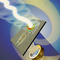 This illustration (not to scale) simulates the process by which an incoming complex wave can be identified and transmitted to a photodetector. (Image courtesy of Patrice Genevet.)