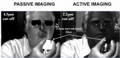 A Center for Quantum Devices researcher holds a heater and a narrow-band filter centered at 3.6m. The heater can be seen when imaged with the band-pass detectors sensitive up to 4.5m (left), but not in the ones with shorter detection wavelengths up to 2.2m (right).