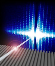 This rendering shows the high-intensity x-ray beam striking and then traveling through the gray sample material. In this new technique, the x-ray scatteringthe blue and white ripplesis considerably less distorted than in other methods, producing superior images with less complex analysis.