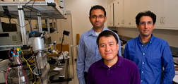 Professor Shanhui Fan (center) with graduate students Aaswath Raman (left) and Eden Rephaeli (right).Photo: Norbert von der Groeben