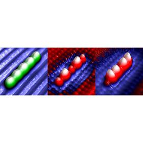 Scanning tunnelling microscopy (STM) images of the quantum states of an artificial atomic defect structure in silicon. This structure was fabricated by using the STM to individually remove five hydrogen atoms from a hydrogen-terminated silicon (001) surface. The absence of the hydrogen atoms creates "dangling bond" states that interact to form extended, artificial molecular orbitals. Only the imaging bias voltage has been changed in the three images shown (from left to right, -1.4, +1.4, and +1.8 Volts).