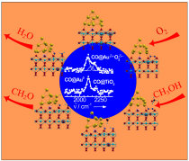 Gold/titanium dioxide catalyst in action: At the interface between a gold particle (Au, gold) and the titanium dioxide surface (TiO2, red and light blue), an oxygen molecule (O2, dark blue spheres) is activated by a charge transfer and becomes catalytically active. Thus, methanol (CH3OH) can be efficiently and selectively oxidized to formaldehyde (CH2O); water (H2O) is produced as well. The researchers made the charge transfer visible using vibrational spectroscopy of adsorbed carbon monoxide (CO; middle of the figure): In the presence of oxygen, a new band (CO@Au(delta+)O2(delta-) appears in the spectrum.