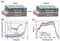 This shows: (a) Device structures, (b) J−V characteristics, and (c) EQE of PTB7:PC70BM-based PSCs with type I and type II architectures.

Credit: UNIST