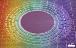 Thermal invisibility cloak: Heat is passed around the central area from the left to the right. Temperature characteristics (white lines) remain parallel.Figure: R. Schittny/KIT