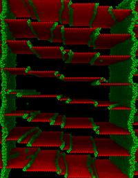 Since 2004, materials scientists and nanotechnologists have been excited about a special of arrangement of atoms called a "coherent twin boundary" that can add strength and other advantages to metals like gold and copper. The CTB's are often described as "perfect," appearing like a one-atom-thick perfectly-flat plane in models and images. New research at the University of Vermont and Lawrence Livermore National Laboratory shows that these boundaries are not so perfect after all. Even more surprising, the newly discovered kinks and defects appear to be the cause of the CTB's strength.This image shows a simulation of atoms in a coherent twin boundary (shown in red) in copper. The newly discovered "kink" defects appear as green step-like structures and folds in the red areas. The red twin boundaries extend between columns of green atoms which represent grain boundaries within the copper.

Credit: Frederic Sansoz, University of Vermont