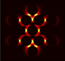 By arranging optically tuned gold discs in a closely spaced pattern, Rice University scientists created intense electrical fields and enhanced the nonlinear optical properties of the system. Here a computer model displays the plasmonic interactions that give rise to the intense fields.
CREDIT: Yu Zhang/Rice University