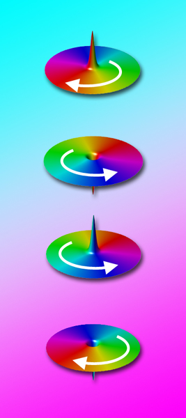 The electron spins in a magnetic vortex all point in parallel, either clockwise or counterclockwise. Spins in the crowded core of the vortex must point out of the plane, either up or down. The four orientations of circularity and polarity could form the cells of multibit magnetic storage and processing systems. 