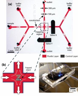 The 2-D microfluidic trap. a) Optical micrograph of a microfluidic manipulation device. Single particles are confined at a predetermined location within the junction of two perpendicular microchannels (trapping region). Two on-chip membrane valves (black) positioned above one inlet channel and one outlet channel are used as metering valves to control the relative flow rates through the opposing channels (red), thereby manipulating and trapping particles at the microchannel junction. b) Schematic of 2-D particle trapping. Two opposing laminar streams meet at the intersection of two perpendicular microchannels, creating a well-defined flow field containing a stagnation point where an object is trapped. c) The microfluidic manipulation device consists of a glass coverslip and a PDMS slab containing the microchannels and valves. Reprinted with permission 2013 American Chemical Society.