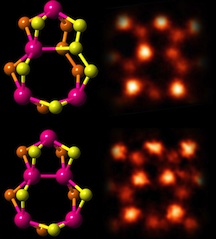 Schematics and experimental images produced by Oak Ridge National Laboratory show defects at the 60-degree grain boundaries in two-dimensional samples of molybdenum disulfide. The defects are 5- and 7-atom dislocation cores; the numbers refer to locations where the atomic arrangements veer from regular six-atom hexagons. Their presence indicates a one-dimensional conductive wire that runs along the boundary. In the illustration, the molybdenum atoms are cyan and the sulfur atoms are orange and yellow.Credit: Oak Ridge National Laboratory