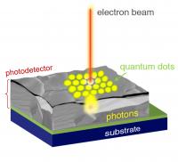 Much like in an old tube television where a beam of electrons moves over a phosphor screen to create images, the new microscopy technique works by scanning a beam of electrons over a sample that has been coated with specially engineered quantum dots. The dots absorb the energy and emit it as visible light that interacts with the sample at close range. The scattered photons are collected using a similarly closely placed photodetector (not depicted), allowing an image to be constructed.

Credit: Dill/NIST