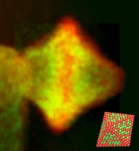 Electron micrograph and atomistic model (bottom right) of a highly oxygen-activating platinum-nickel catalyst particle. Its diameter is approximately ten thousand times smaller than the diameter of a human hair. Red spheres represent platinum atoms and green spheres represent nickel atoms. One of the properties of such octahedra is that most surface atoms have the same geometric arrangement. The micrograph was taken at the PICO microscope.

Credit: Source: Forschungszentrum Jlich/TU Berlin