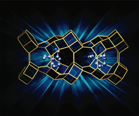 Rice University scientists have created a computational procedure to identify small organic molecules (purple) that can be used to guide the growth of zeolite crystals (yellow).

CREDIT: Kelly Harvey