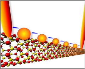 Electrons flash across a series of gold quantum dots on boron nitride nanotubes. Michigan Tech scientists made the quantum-tunneling device, which acts like a transistor at room temperature, without using semiconducting materials. Yoke Khin Yap graphic