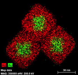 Electron microscopy "maps" of octahedral gold nanoparticles surrounded by cubic silver shells. Attaching a biomolecule (e.g., DNA) to these nanoparticles strengthens a signal representing a difference between left- and right-handed molecules' response to light by 100 times, and pushes it toward the visible range of the electromagnetic spectrum.