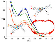 The dye-sensitized solar cell (DSC) converts light to electricity. A coloured copper complex absorbs light and injects an electron into a semiconductor. This electron then passes around a circuit, does work, and is eventually returned to the copper to regenerate the dye by a transport system. In this new work, the cobalt complex acts as an electron transport agent between the cathode and the dye molecules allowing the photocurrent to flow.Adapted with permission from Bozic-Weber et al., Chem. Commun., 2013,49, 7222-7224 | doi: 10.1039/C3CC44595J.  2013 Royal Society of Chemistry