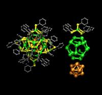 Left: Atomic-scale visualization of the nanoparticle structure with 44 metal sites and 30 thiols. Right: The inner metal core has two shells of 12 and 20 sites (golden and green, respectively), capped by six metal-thiol molecular complexes (one shown on top). Figure credit: Sami Malola, University of Jyvskyl 