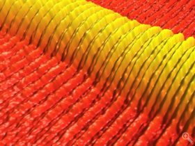 This atomic force microscope image shows directed self-assembly of a printed line of block copolymer on a template prepared by photolithography. The microscopes software colored and scaled the image. The density of patterns in the template (bounded by the thin lines) is two times that of the self-assembled structures (the ribbons). 
Courtesy of Serdar Onses/University of Illinois-Urbana