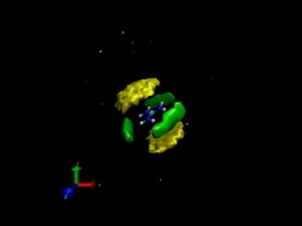 This model of the guanidinium chloride salt (blue and silver) in solution shows carbon (yellow) and water (green) surrounding the cations and demonstrates cation-cation pairing. 