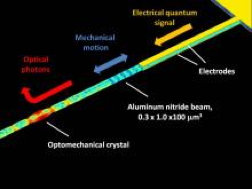 Scanning electron micrograph of the device showing the mechanically suspended optomechanical crystal (blue) with electrodes (yellow) and the photonic circuit (red)
Credit: Joerg Bochmann & Amit Vainsencher, UCSB