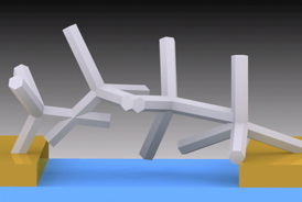 Schematic represenation of zinc oxide nanostructures, which were produced by burner-flame transport synthesis, bridging two contacts.
Photo/Copyright: Mishra/Advanced Materials