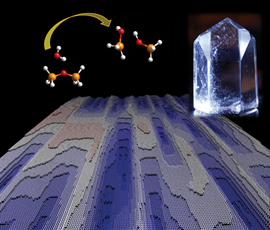 The dissolution process of a crystalline structure in water is shown: two bonded SiO4 -- molecules dissolve (top left), a quartz crystal (top right) and the computer-simulated surface of a dissolving crystalline structure (below).
CREDIT: MARUM & Rice University