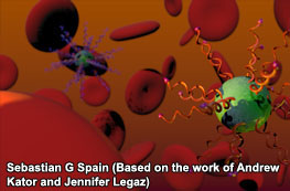 Cartoon of DNA-containing molecular hybrids in the presence of red blood cells. (Note: cells and DNA-hybrids are shown in a stylised schematic form and are not to scale)