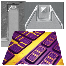 Proprietary shielded AFM probes localize the sMIM measurement to the tip, reducing stray capacitance and thereby increasing resolution and reducing artifacts. The inset image is a dC/dV amplitude image of an SRAM device where the contrast is proportional to dopant concentration.