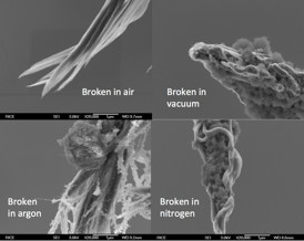 Scanning electron microscope images show typical carbon nanotube fibers created at Rice University and broken into two by high-current-induced Joule heating. Rice researchers broke the fibers in different conditions – air, argon, nitrogen and a vacuum – to see how well they handled high current. The fibers proved overall to be better at carrying electrical current than copper cables of the same mass.Credit: Kono Lab/Rice University