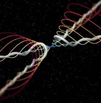 Illustration of Kelvin waves on retracting quantized vortices after they met, crossed and exchanged tails -- a process called reconnection. A new study provides visual evidence that after the vortexes snap away from each other, they develop ripples called "Kelvin waves" to quickly get rid of the energy caused by the connection and relax the system.

Credit: Enrico Fonda