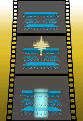 In equilibrium (top), the charge stripe "ripples" run perpendicular to each other between the copper-oxide layers of the material. When a mid-infrared laser pulse strikes the material (middle), it "melts" these conflicting ripples and induces superconductivity (bottom). The experimenters used a carefully synchronized x-ray laser to take this femtosecondfast "movie" to reveal how quickly the charge stripes melt. Image courtesy Jrg Harms, Max-Planck Institute for the Structure and Dynamics of Matter.