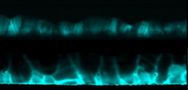 Cross-sectional electron beam-induced current maps show the difference in cadmium telluride solar cells before (pictured above) and after (below) cadmium chloride treatment. The increased brightness after treatment indicates higher current collection at the grain boundaries.