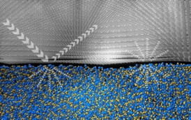 Pictured is an illustration of multilayer graphene supported on an amorphous SiO2 substrate. Sadeghi et al found that the basal-plane thermal conductivity of the supported multilayer graphene increases with increasing layer thickness and has yet to recover to the graphite value even when the thickness is increased to 34 layers.

The effect is more pronounced at lower temperatures. They attributed the finding to partially diffuse scattering of phonons at the graphene-support interface, especially diffuse transmission of phonons across the interface, as well as long phonon mean free path in graphite even along the cross-plane direction.

Credit: Image courtesy of Jo Wozniak, Texas Advanced Computing Center