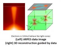 Scientists at Princeton University have shown that negatively charged particles known as electrons can flow extremely rapidly due to quantum behaviors in a type of material known as a topological Dirac semi-metal. Previous work by the same group indicated that these electrons can flow on the surface of certain materials, but the new research indicates that they can also flow through the bulk of the material, in this case cadmium arsenide. Using a technique called angle-resolved photoemission spectroscopy (left), the researchers measured the energy and momentum of electrons as they were ejected from the cadmium arsenide. The resulting data revealed each electron as two cones oriented opposite each other that converge at a point, a telltale sign of the quantum behavior that allows electrons to act like light, which has no mass. A 3-D reconstruction (right) shows that the cone-shaped electrons are able to move in all directions in the material. The top-right panel reveals that these electrons are linked, allowing them to move even when deformed by bending or stretching, an attribute that gives them their topological nature.

Credit: Image courtesy of M. Zahid Hasan and Suyang Xu