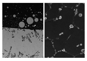 UCLA/Nature CommunicationsAn aluminum-bismuth alloy without the introduction of nanoparticles (left, at 500 microns), and after nanoparticles were introduced before the alloy is cooled (right, at 50 microns). 