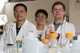 Rice University scientists (from left) Michael Wong, Zhun Zhao and James Clomburg discovered a palladium and gold nanocatalyst that is faster -- about 10 times faster -- at converting glycerol into high-value products than catalysts of either metal alone.  
CREDIT: Jeff Fitlow/Rice University