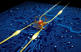 Illustration of the photonic router the Weizmann Institute scientists created. At the center is the single atom (orange) that routes photons (yellow) in different directions