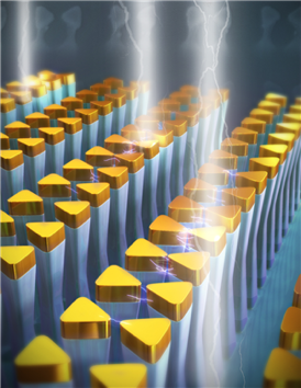 Illustration of the pillar-based Au bowtie nanoantenna arrays undergoing selective actuation due to an electromagnetic-induced force.