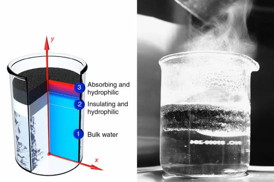 On the left, a representative structure for localization of heat; the cross section of structure and temperature distribution. On the right, a picture of enhanced steam generation by the DLS structure under solar illumination.

Courtesy of the researchers