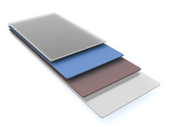 The solar cell's layer system: two semiconductor layers in the middle, connected to electrodes on either side.