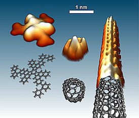 Scanning tunneling microscopy images the precursor, the folded end cap, and the resulting carbon nanotube, together with the corresponding structural models. Source: Empa / Juan Ramon Sanchez Valencia