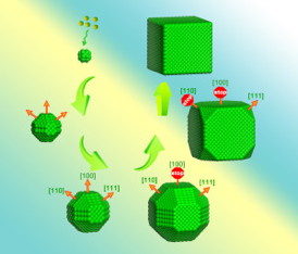 Berkeley Lab researchers found that differences in ligand mobility during crystallization cause the low index facets  {100}, {110} and {111}  to stop growing at different times, resulting in the crystals final cubic shape. Image courtesy of Haimei Zheng group