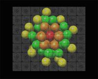  This is a visualization of the atomic structure of the Au68 gold nanoparticle determined by electron microscopy. The colored spheres denote gold atoms in different crystal shells around the central axis (red). The background shows a collection of real-life electron microscopy data from which the single structure shown was reconstructed.

Credit: Copyright Maia Azubel, Stanford University.