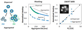 Nanoparticle aggregation in biological systems can occur due to interactions with ions (phosphate buffered saline, PBS), proteins (fetal bovine serum, FBS), extracellular matrix, and cells. Aggregation of iron oxide nanoparticles leads to significant reductions in heating potential and MR imaging contrast, but here we also demonstrate an empirical correlation between the two, providing new ability for image guidance of iron oxide nanoparticle heating in the clinic. 