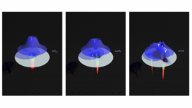 Three panels illustrate the condition of Efimov states (3-atom stable states). The upper, bell-shaped surface represents the probability density for each of the three geometries, while the gray surface represents the strength of the van der Waals force for that geometry. Left panel: the three interacting atoms lie in an equilateral triangle formation. Middle panel: two of the atoms are rather closer together than to the third atom. Right panel: the geometry of the middle panel but with the atoms lying farther apart from each other. The dimples in the probability density surface reflect the more complicated interaction when two of the atoms are close together.
Credit JQI/Yujun