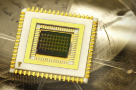 A chip, which contains nanoscale structures that enable electron cooling at room temperature, is pictured. 