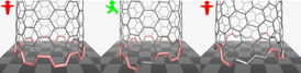 This graphic shows the difference between an armchair nanotube, left, with a fast-growing near-armchair nanotube, center, which has a single kink at its base. At right, a nanotube with multiple kinks is not as likely to grow under given conditions, according to a new formula for nanotube growth by theoretical physicists at Rice University.Credit:  Evgeni Penev/Rice University