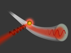 Light hits a gold particle, which then emits light into a glass fibre - into only one direction.